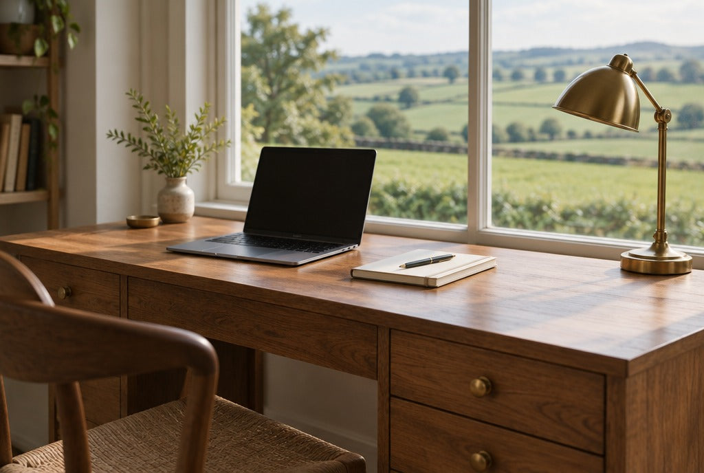 A solid wood desk with drawers by a window overlooking green farm fields, with a laptop, a notebook and a brass lamp