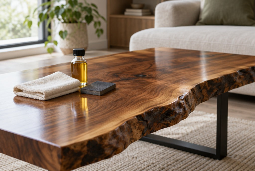 A cotton cloth, a small bottle of furniture oil and fine sanding pad beside a gleaming live-edge solid wood coffee table
