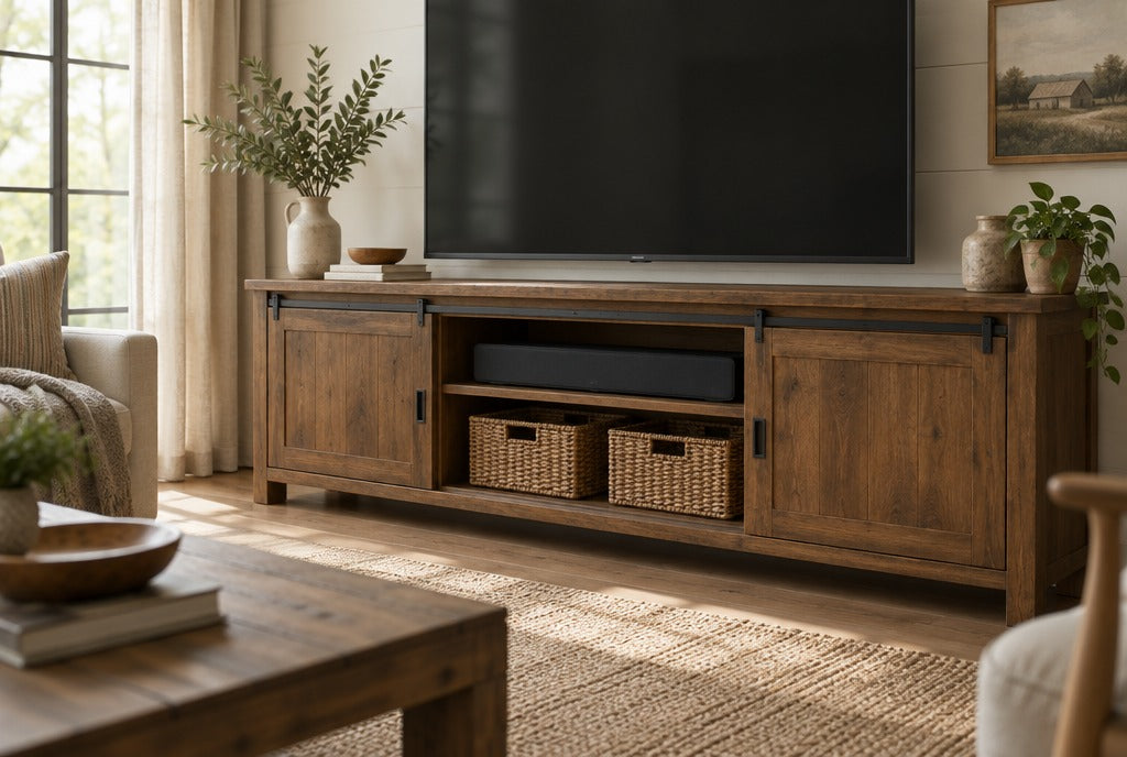 A long solid wood TV console with sliding doors holding a soundbar and baskets in a farmhouse living room, the TV screen dark