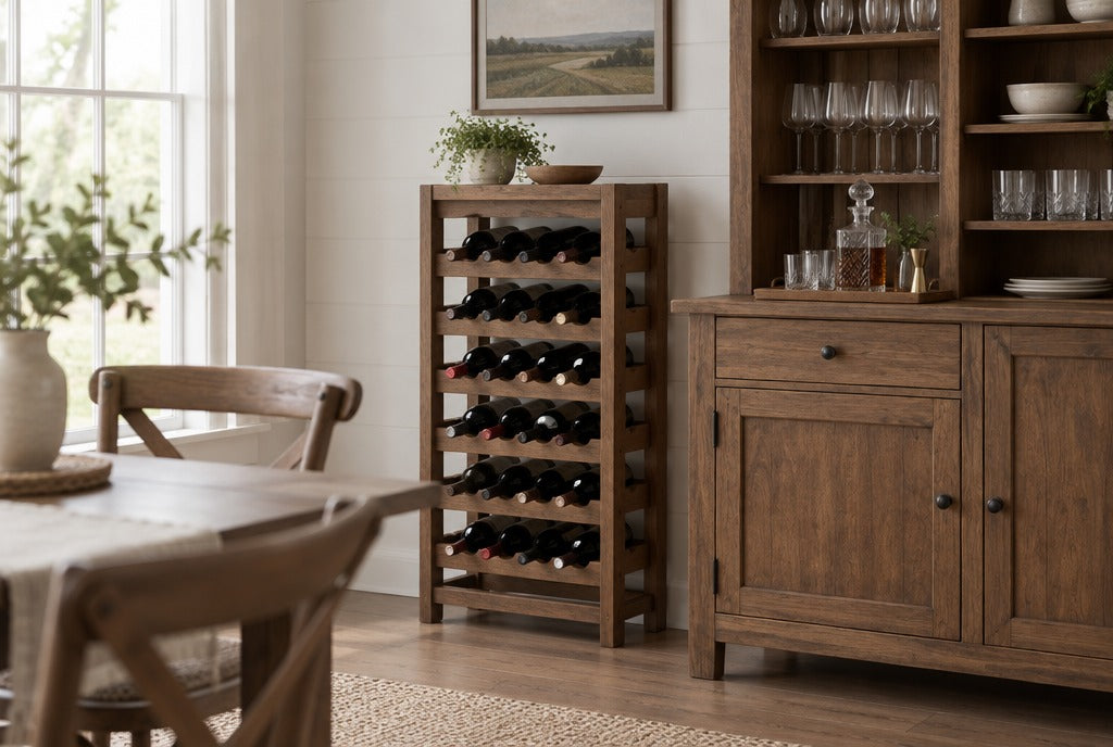A solid wood freestanding wine rack holding bottles beside a bar cabinet with glasses in a farmhouse dining room