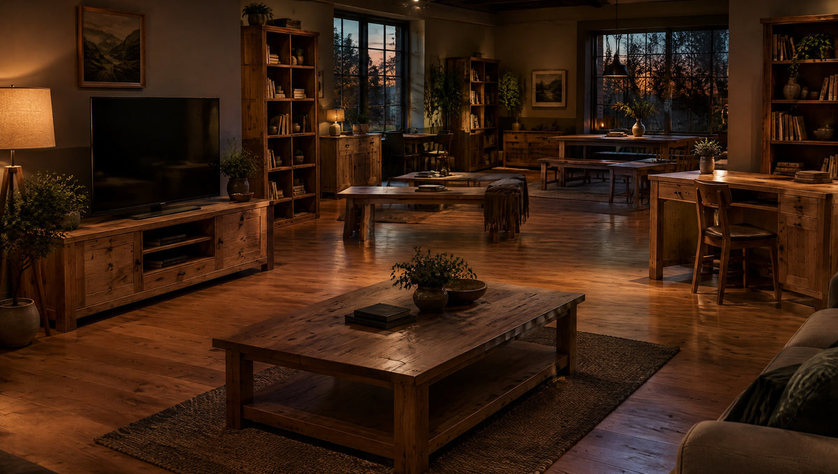 A bright country furniture showroom with brand-new solid wood furniture