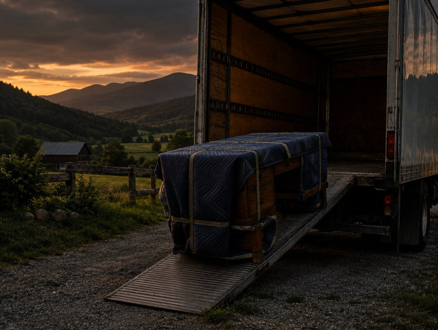 A blanket-wrapped solid wood desk being loaded into a box truck on a farm driveway