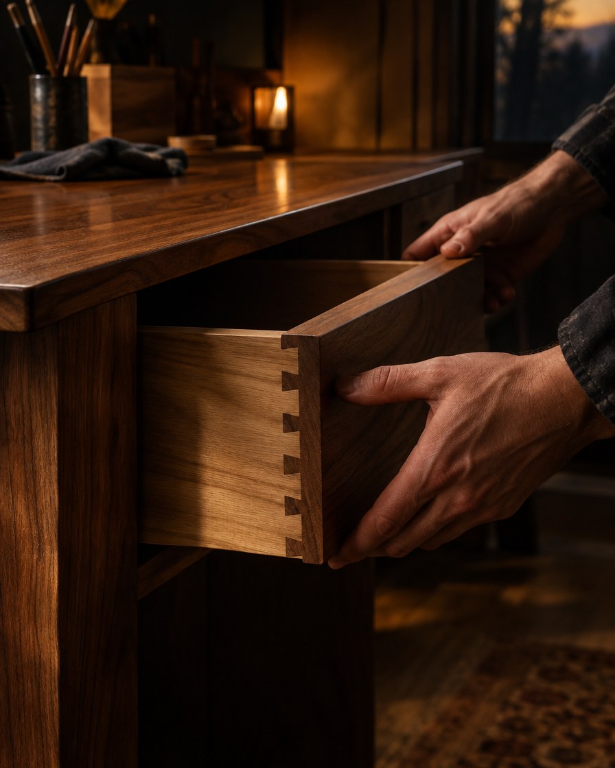 Hands testing a dovetail drawer on a new solid wood desk
