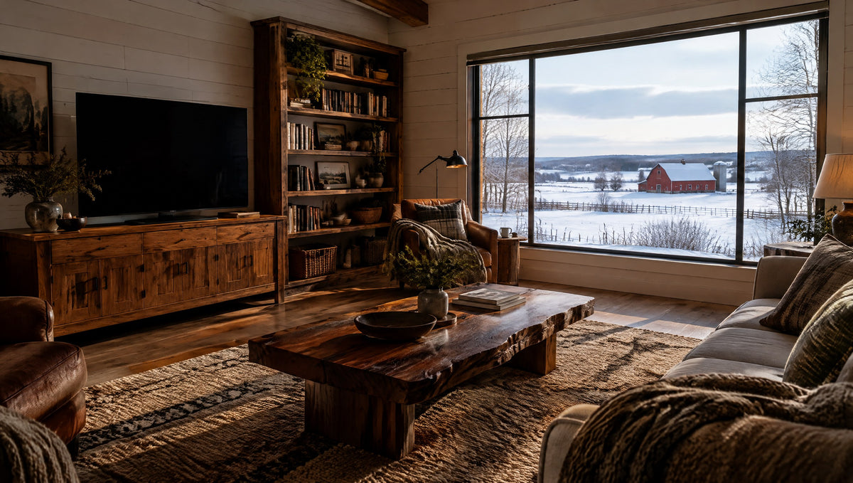 A farmhouse great room with a solid wood TV console, a live-edge coffee table and a tall bookshelf