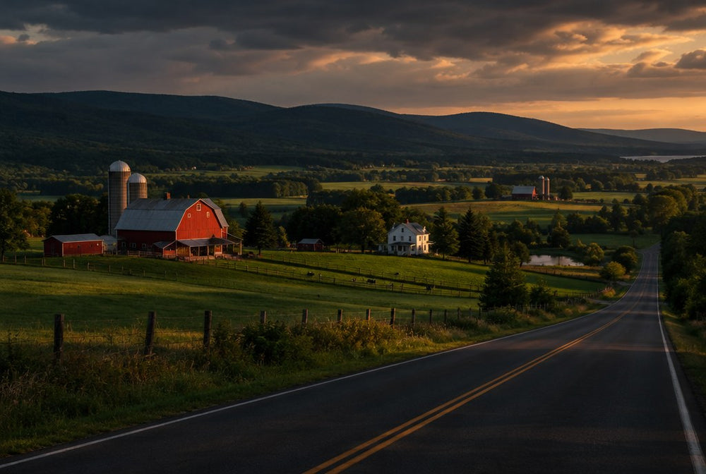 A green western New York valley with dairy farms and red barns
